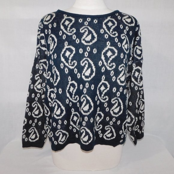VTG Joan Harper Black White Paisley Pattern oversized Pullover Sweater Women M - Picture 1 of 9